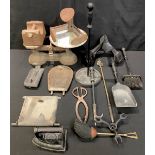 Metalware - a cobbler's last, another, weighing scales, three 19th century chimney plates, companion