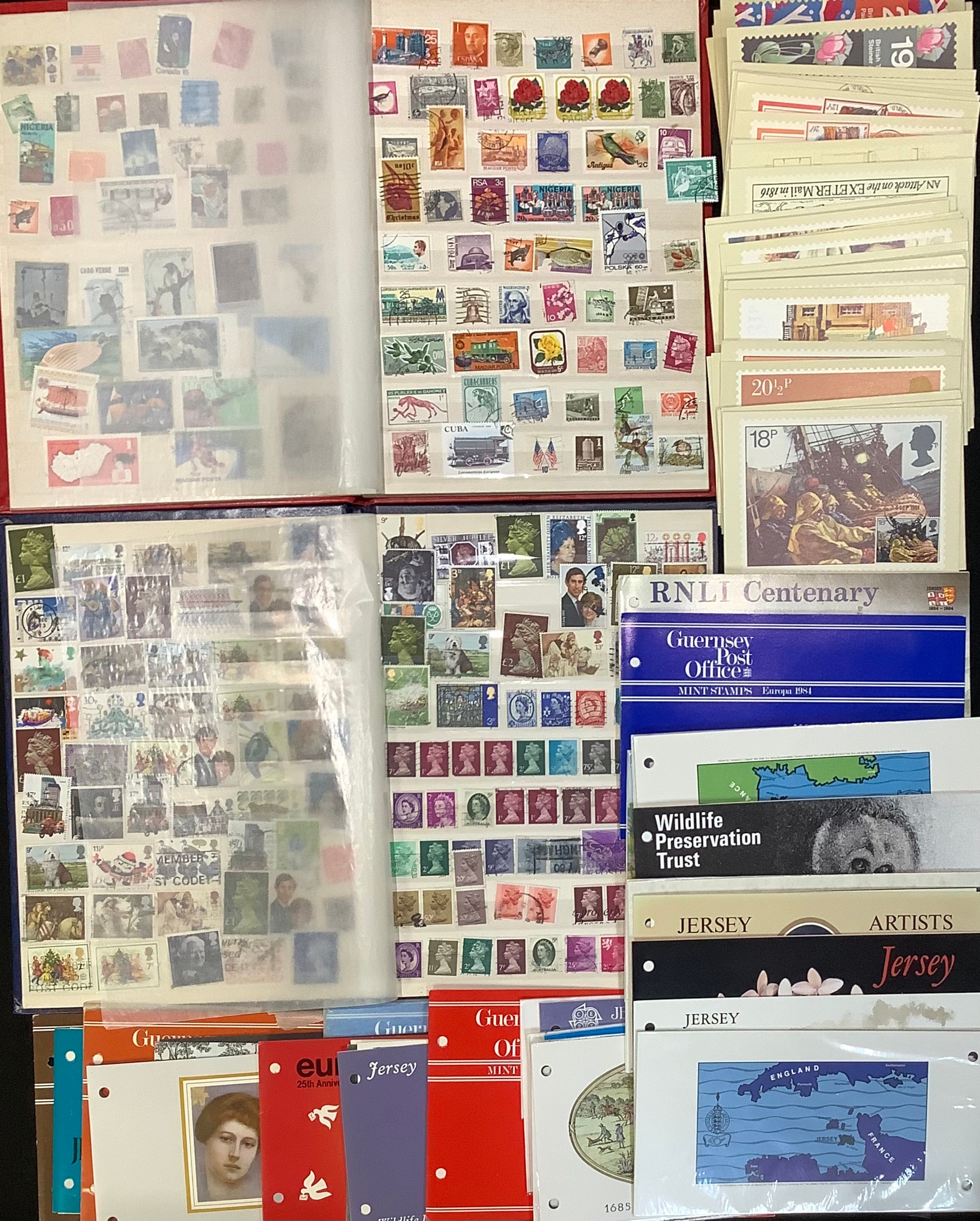 Stamps - a collection of Jersey and Guernsey presentation packs; a quantity of stamp cards; GB and