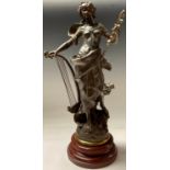 After Auguste Moreau, a French spelter allegorical figure, La Melodie, painted faux marble stepped