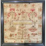 An early 19th century needlework sampler, Marguerite Le Conte, Agee De 12 Ans 1830, 45cm x 43.5cm