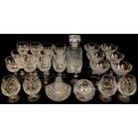Glassware - cut glass decanter, six coupe glasses, whisky tumblers, brandy balloons; qty