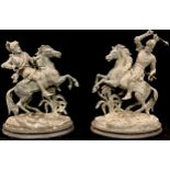 A pair of French spelter figures, knights on horseback, ebonized bases, 42cm high