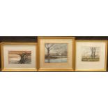 Len Hubbard (Derbyshire Artist) A group of three, Autumnal Landscapes signed, watercolours, the