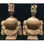 A pair of substantial carved oak lamps as flaming pedestal urns, each with carved oak swags, 64cm