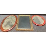 A gilt rectangular mirror, 77cm x 54cm; another, oval, mahogany, barber pole stringing, 87cm x 56cm;
