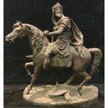 French School, a spelter group, of a Persian King on horseback, his shield, quiver and arrows on the