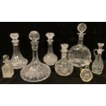 A clear glass ship's decanter; other decanters, assorted (8)