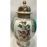 A Dresden ovoid vase and cover, painted panels of courting couples and flowers, gilt borders, 25cm