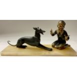 A French Art Deco spelter figure group, young girl training a whippet, rectangular marble base, 40cm
