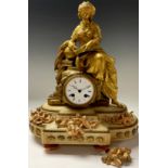 A 19th century French gilt metal figural clock, classical female scholar, enamel dial with Roman