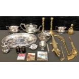An EPNS three piece boat shaped tea service on tray; other plated items, sugar scuttle, wine