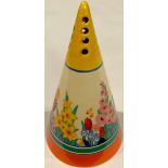 A Clarice Cliff Chloris pattern conical sugar sifter, transfer printed with summer flowers,