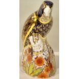 A Royal Crown Derby paperweight, Bronze Winged Parrot, gold stopper, printed marks