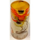 A Clarice Cliff Bizarre Rhodanthe pattern ribbed cylindrical vase, painted with bold flowers on a