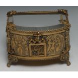 A French gilt metal bijouterie display casket, bevelled glazed panels, the front in the Gothic taste