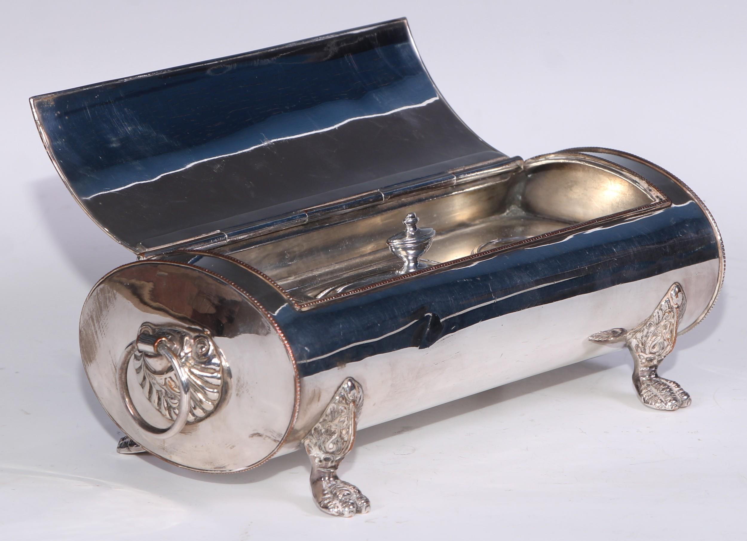A Regency Old Sheffield Plate oval treasury inkstand, hinged cover with leafy-loop handle - Image 3 of 3