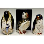 A Royal Crown Derby paperweight, Rockhopper Penguin, 21st anniversary gold stopper; others,