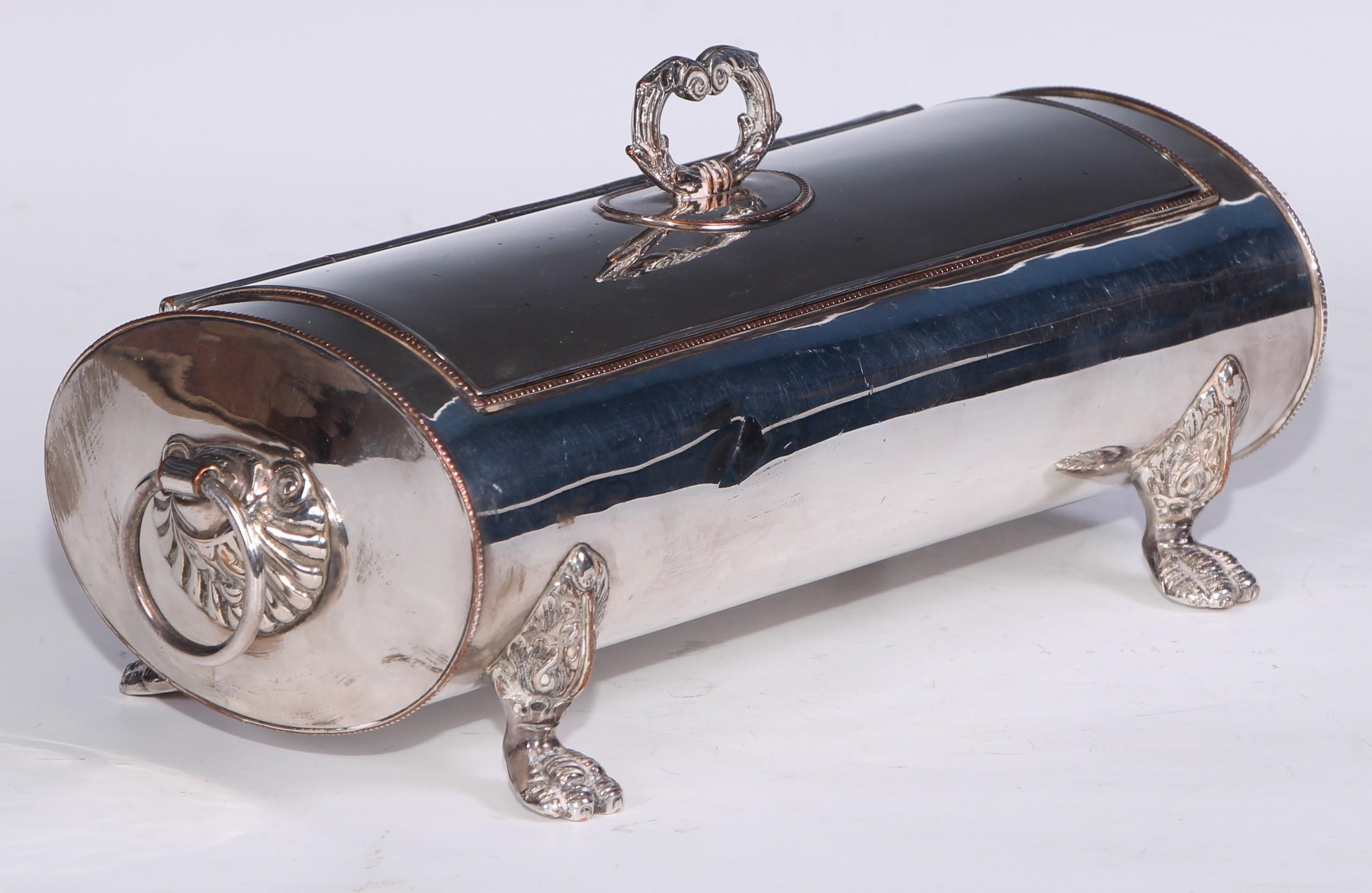 A Regency Old Sheffield Plate oval treasury inkstand, hinged cover with leafy-loop handle - Image 2 of 3