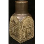 A Troika chimney vase, decorated by Shirley Wharf, monogrammed, incised and impressed with squares