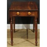 A George III mahogany Pembroke table, drawer to frieze, blind to verso, outlined with ebony