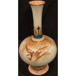 A Hadley's Worcester slender bottle vase, painted in sepia tones with a swallow in flight, the neclk