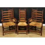 A set of six Rupert Griffiths Monastic Woodcraft oak ladder back dining chairs, comprising four side