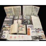 Stamps - a box of material, club books, albums (3). FDC, p/pks, etc