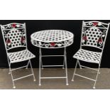 A lattice and wirework garden patio set, comprising a folding table and a pair of chairs, the