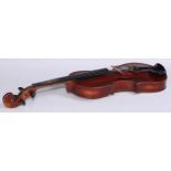 A violin, the one piece back 33.75cm long excluding button, outlined throughout with purfling,