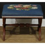 An early Victorian X-frame stool, stuffed-over seat, turned stretcher, 40.5cm high, 52cm wide,