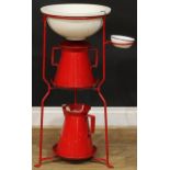 A French red painted metal washstand, with white sink/bowl, enamelled soap dish, two jugs, 83cm high
