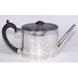 A George III silver oval drum teapot, bright-cut engraved with swags of flowers, lozenges, paterae