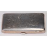 A Russian silver rounded rectangular cigarette case, hinged cover engraved with a Rococo