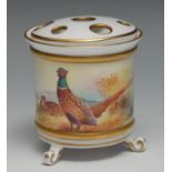 A Lynton porcelain cylindrical bough pot and cover, painted by Stefan Nowaki, signed, with