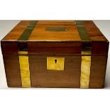 A Victorian walnut and brass bound writing box, the interior with velvet writing surface, 14cm high,