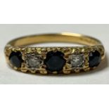 A Victorian 18ct gold five stone ring, the three sapphires separated by two diamonds, size M, 3.29g