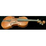 A violin, the two-piece back 36cm long excluding button, paper label Copy of Nicolaus Fr Amati Fecit