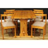 A pine trestle dining table, 75cm high, 152.5cm long, 78cm wide; a set of six conforming dining