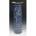 A large Chinese sleeve vase, painted in tones of underglaze blue with phoenix, flowers and