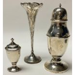 A George V silver baluster sugar caster, pierced domed cover with spire finial, 16.5cm, Birmingham