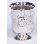 A Victorian silver pedestal beaker, in relief with portrait ovals of Neptune and Salacia, within