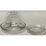 A Lalique Tall Ships pattern frosted glass ring tray, 10cm diameter, engraved mark; an Art Deco