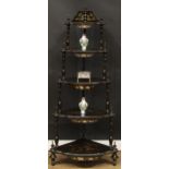 A late 19th century five-tier corner whatnot, in the 18th century Chinese export black lacquer
