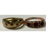 A 9ct gold three stone garnet ring; another, 4.6g (2)