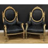 A pair of bold Louis XVI design bergère à la reine or throne-form armchairs, stuffed-over