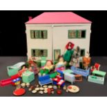 Toys and Juvenalia - a mid 20th century dolls house, 52cm high x 63cm wide, furnished with mid