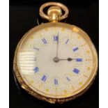 A 19th century lady's 18ct gold fob watch, E. H. Mason, Middlesbrough, marked 18K, cased