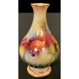 A Royal Worcester Hadley, Autumn Fruits pattern pedestal bottle vase, hand painted with leafy