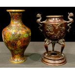 A Chinese cloisonne baluster vase, 21cm high; a Japanese bronze koro, 18cm high (2)