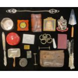 Boxes and Objects - a clock; silver plated ware; a leather purse; cigarette case; early 20th century